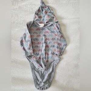 MEC 6 month bicycle onesie and hat